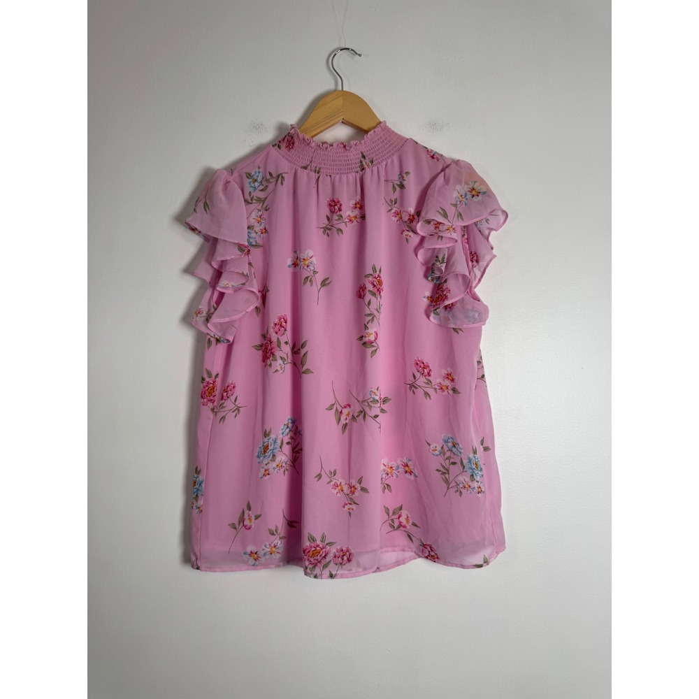 Floral Catherine Malandrino Womens L Blouse Pink Ruffle Smock Neck MCT32206